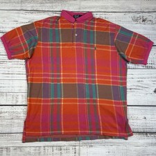 VINTAGE POLO RALPH LAUREN L POLO SHIRT MENS SIZE LARGE MADRAS PLAID MADE IN USA