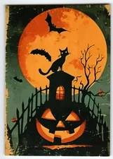 Vintage Halloween Postcard Black Cat & Pumpkin Full Moon 5.5x4 Inch