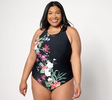 Jantzen Layla Cross Back High-Neck One-Piece Swimsuit Black Floral 10 New