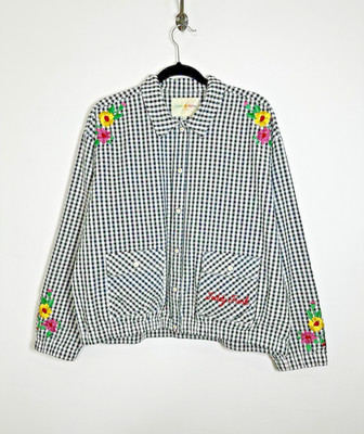 Teddy Fresh Jacket 2XL Black White Gingham Embroidered Floral Lined Shacket