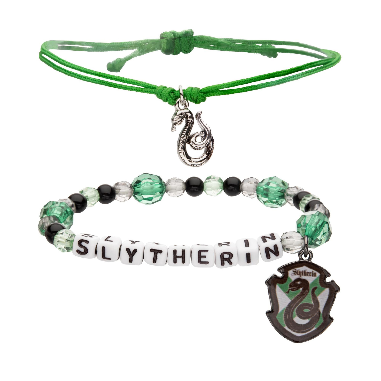 Harry Potter Slytherin House 2-Piece Silver Green Bracelet Set