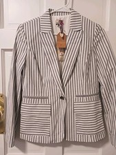NWT Cremieux Gray Women's Blazer White Stripes, Semi Crop 100  Cotton Sz 4