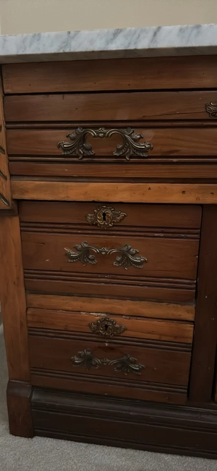 Antique Brown Marble Top Wash Stand 3 Drawer And 1 Cabinet - Image 2 of 4