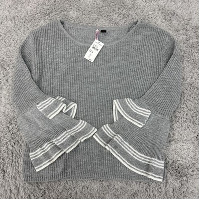 Love By Design Sweater Womens XS Gray Waffle Knit Bell Sleeve Ruffle Striped NWT