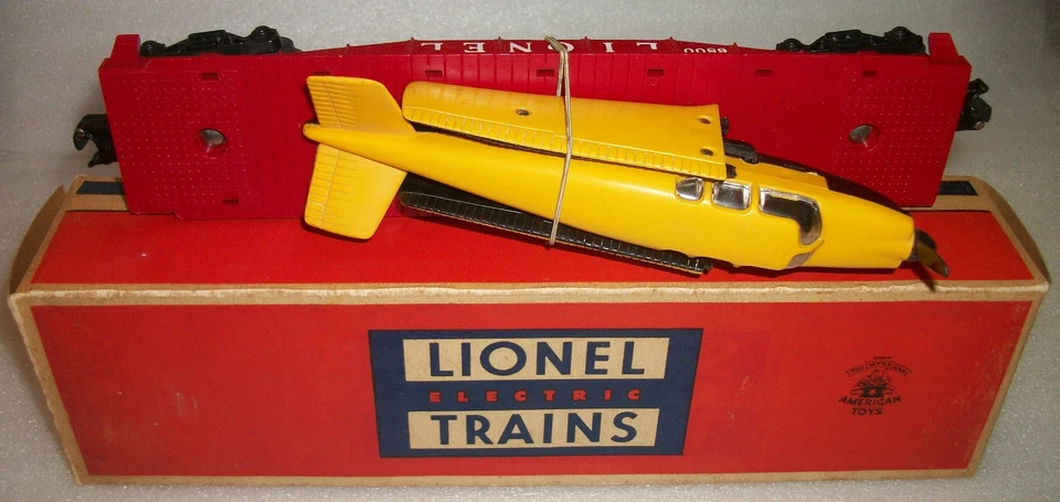 LIONEL POSGUERRA 6800 COCHE PLANO CON AVIÓN AMARILLO OSCURO/NEGRO COMO NUEVO SIN USAR OB INSTR Foto 4 de 4