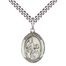 Medium Pewter Saint Zachary Medal Pendant 24" Endless Chain Necklace w/ Gift Box