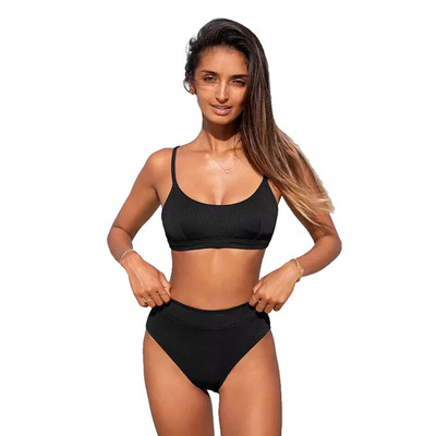 Cupshe Rib Scoop Bralette & Banded High Waist Bikini Set XS   Women s Swimwear