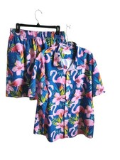 TUNEVUSE Mens Hawaiian Shirts and Shorts Set 2 Piece Flamingo Tropical Print XL