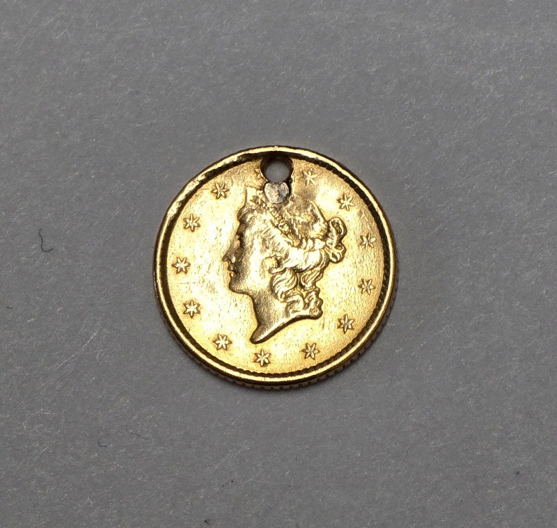 1852 US $1 Dollar Liberty Head Gold Coin Holed