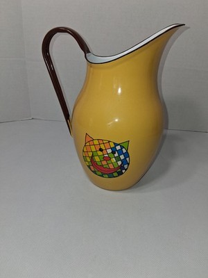 Smaltum Enamelware Yellow Pitcher With Cats,  ~10'' tall