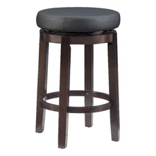 Linon Maya 25" Round Black Faux Leather Swivel Counter Stool in Dark Brown Wood
