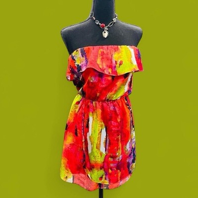 Beach Artsy Tribal Party Spicy Latin Vacay Strapless Abstract Red Mini Dress XS