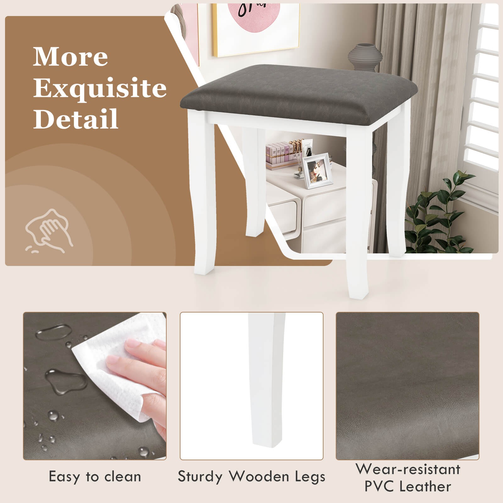2PCS Vanity Stool Chair Solid Wood Ottoman Set w/Padded Seat Cushion Gray