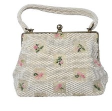 Vintage Corde Bead Lumured Petite Beaded Handbag Purse Ivory Floral 1950s