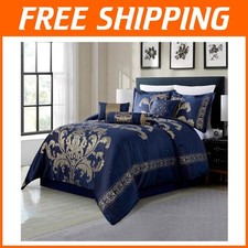Elegant 7-Piece Floral Comforter Set, Navy/Gold