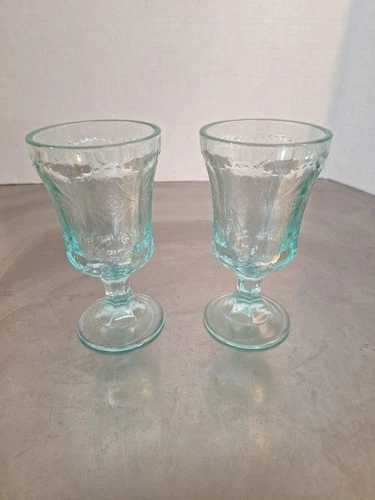 Vintage Indiana Glass Goblets Federal Madrid Recollection Teal Aqua Blue Pair