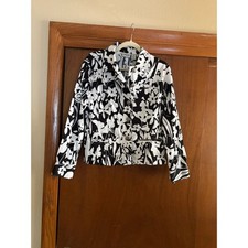 Chico's Floral Print Jacket Size 1 Black White Stretch Button Front Crop Medium