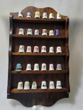 Vtg. (NEW) Thimble Wood Holder Display Rack Made USA with 32 Thimbles Included