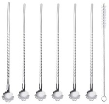 6 1pcs Spoon Straws Reusable Stainless Steel Drinking Spoon Straws with Brush
