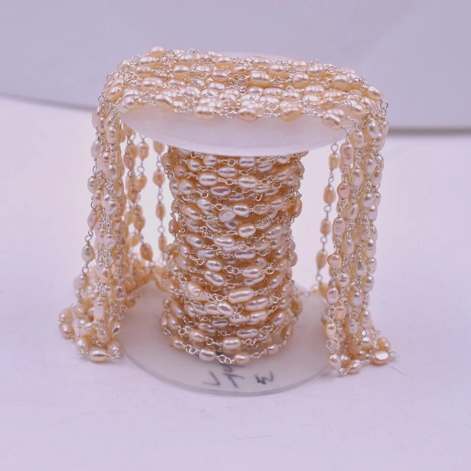 2 meters of Gold Vermeil Finish Pink Pearl Beaded Rosary Sterling Silver Chain - Image 3 of 4