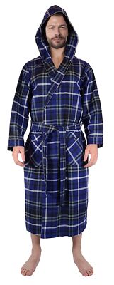 Mens Full Length Cotton Flannel House Robe w/Hood 2XL/3XL Big  Blue/Black Plaid