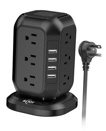 Power Strip Tower with USB Ports- Surge Protector with 12 AC Outlet and 4 black