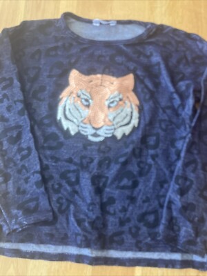 Girls M&co Age 7-8 Years Blue Animal Print Tiger Sequin Top Worn
