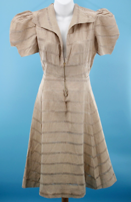 beige puffy dress Brown puffy sleeves midi dress-CATO XL / Brown