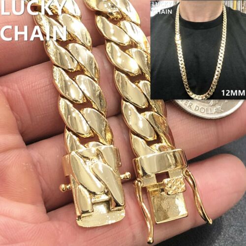 COLLIER CHAÎNE LOURDE FINITION OR 14 CARATS MIAMI LINK CUBAIN 30''x12mm 181g  - Photo 1 sur 7