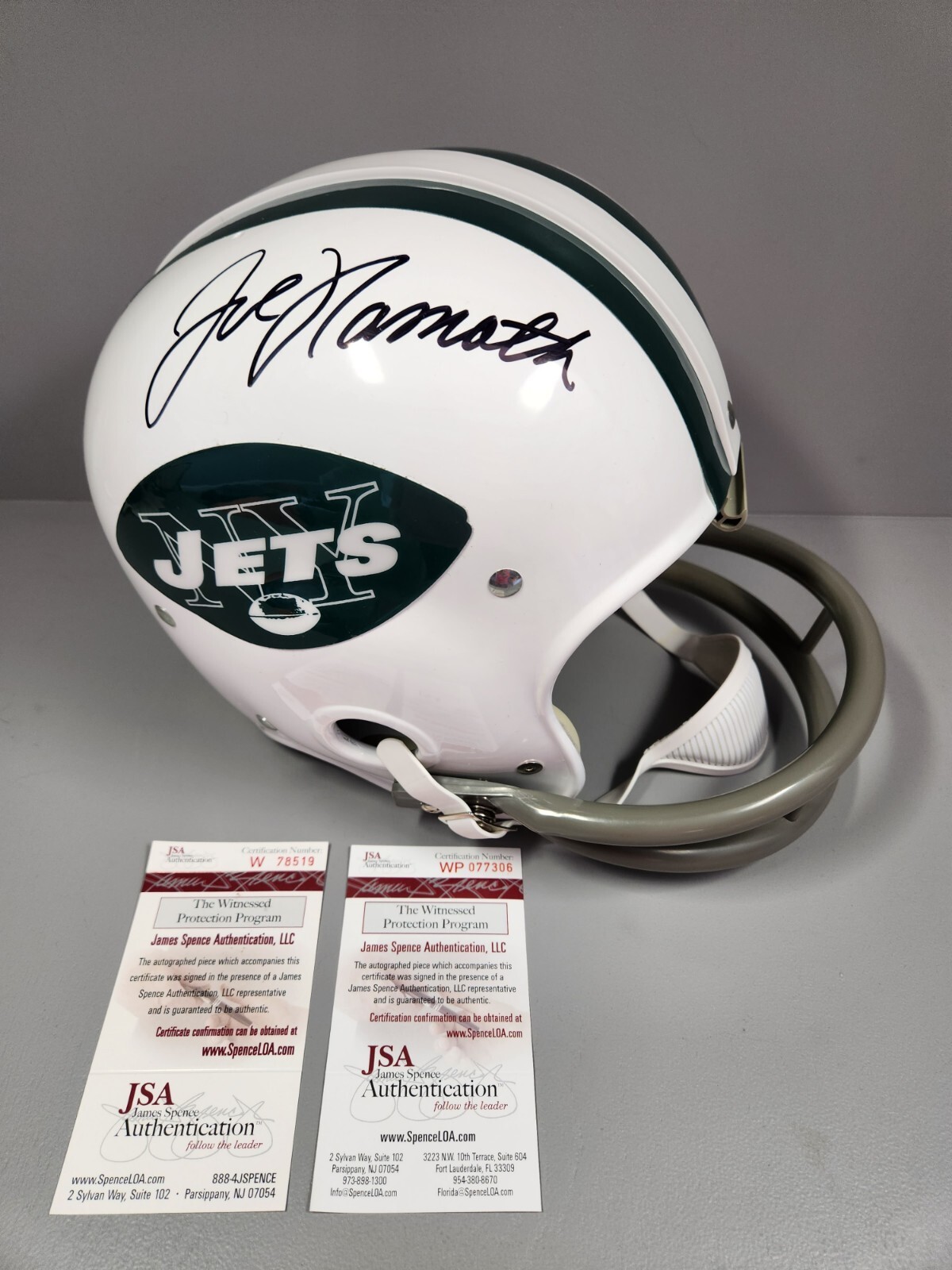 Joe Namath Autographed Signed New York Jets , Don Maynard Jets 60's Suspension RK Historic Helmet JSA 