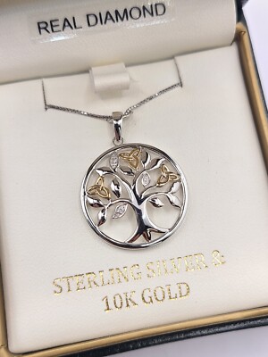 SOLVAR 10K Gold Silver Diamond Tree Of Life Necklace