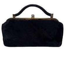 VTG 50s 60s Black Velvet Brass Hinged Frame Hand Bag Purse Evening Clutch MOD