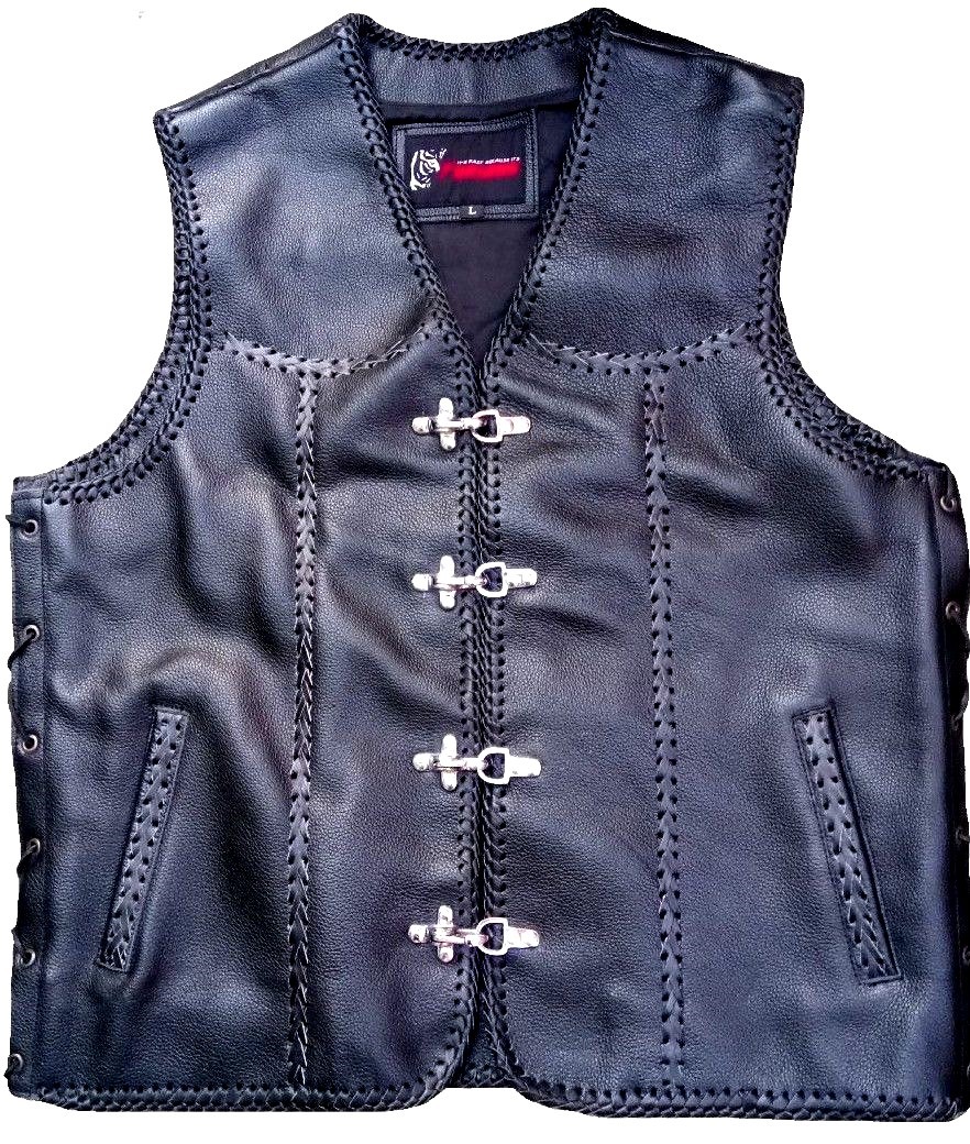 Motorcycle Leather Vest Clips Motorbike Triple Braided Heavy Leather Biker Vest