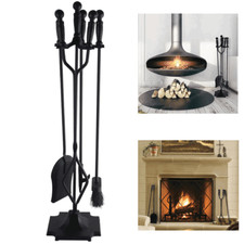 5PCS Fireplace Tools Wrought Iron Large Fire Tool Set and Holder w/Black Handles