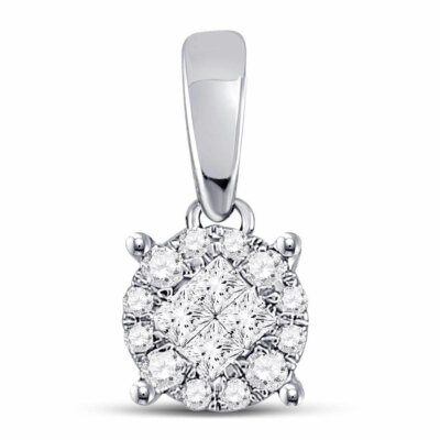 14k White Gold Womens Princess Round Diamond Soleil Cluster Pendant 1/6 Cttw