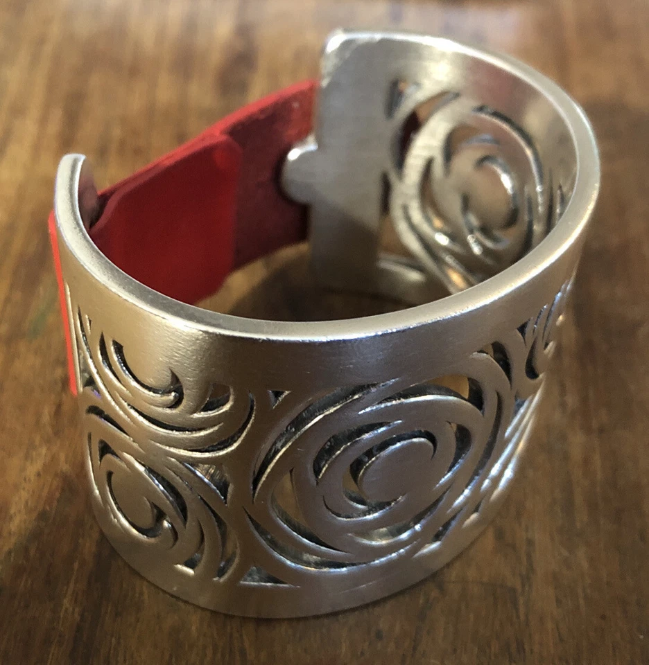 Pulseras Tous sterling silver Cuff Bangle Bracelet With Red Leather Strap 925 - Image 3 of 4