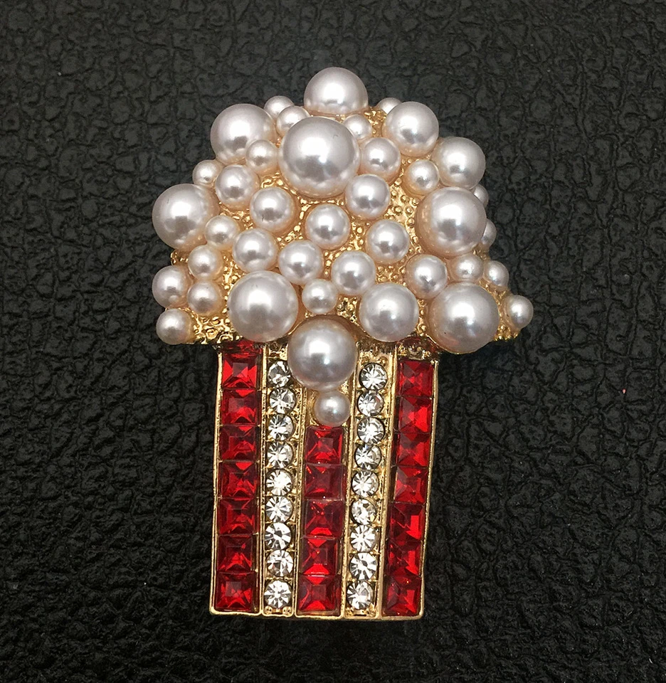 Broche broche palomitas de maíz rojo cristal transparente blanco imitación perla para mujer Foto 3 de 3