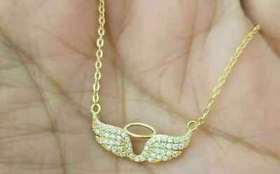 2Ct Round Cut Diamond Angel Wings Pendant Charm 14K Yellow Gold Over Free Chain