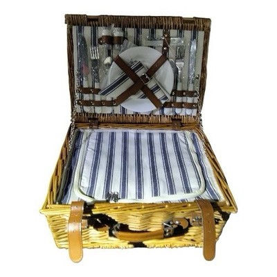 Wicker Picnic Basket Set with Blanket, Plates, Flatware, Striped Lining