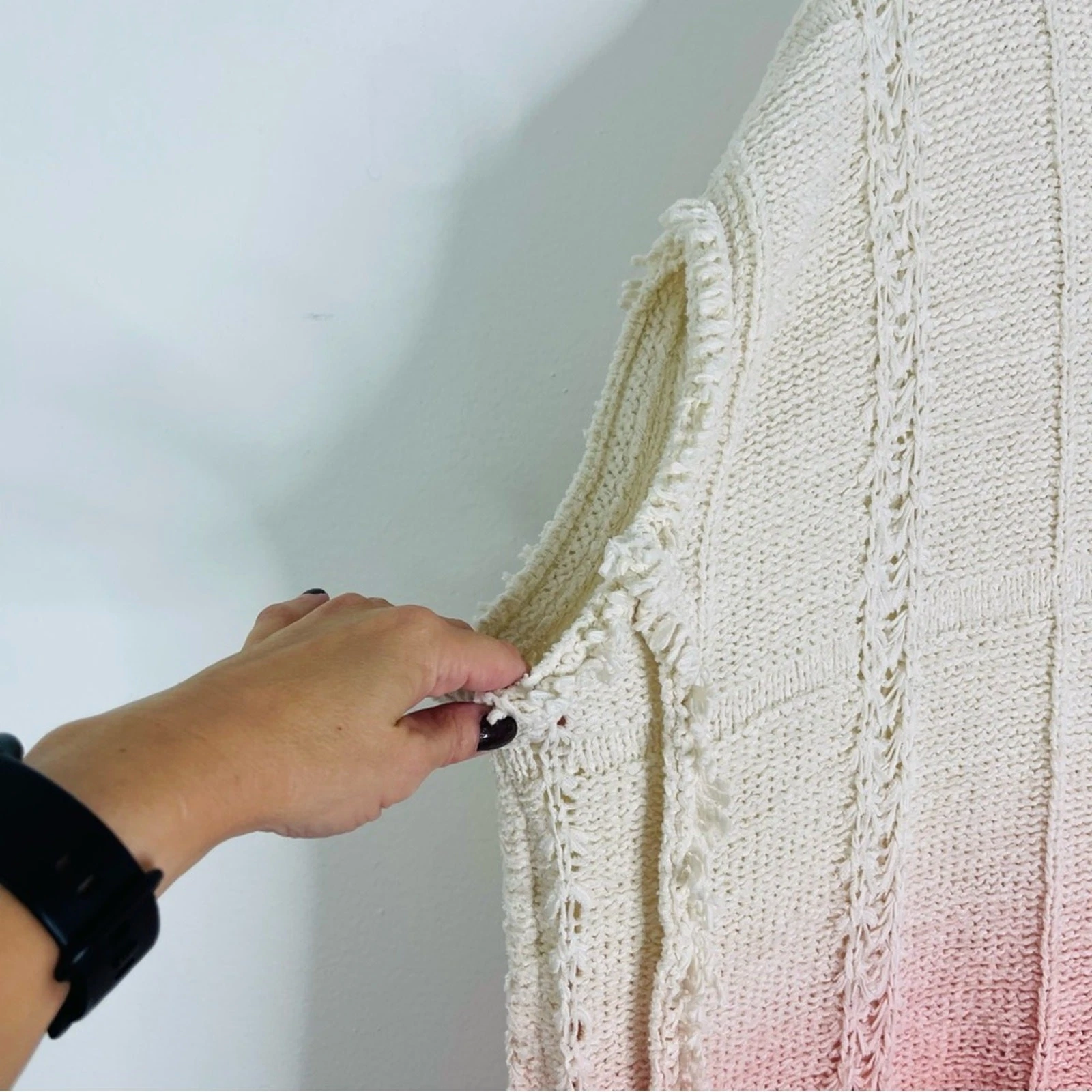 OFF WHITE Felpa con cappuccio falena rosa panna uncinetto boho costiera frange maglione oversize small XS