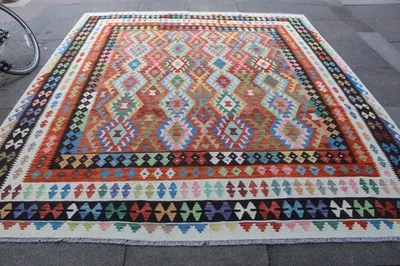 Tapis Kilim Oriental En Laine Rouge Blanc 302x260cm Vintage Fait Main - Photo 1/4