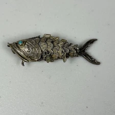 Vintage Antique CHINESE STERLING ARTICULATED FISH VINAIGRETTE PENDANT TURQUOISE