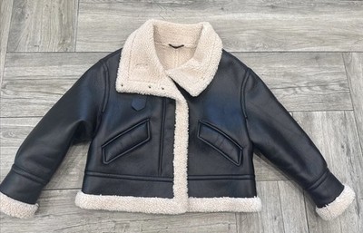 Woman's Size XS Cropped Aviator Jacket Sherpa Lined Faux Leather AHA Selected
