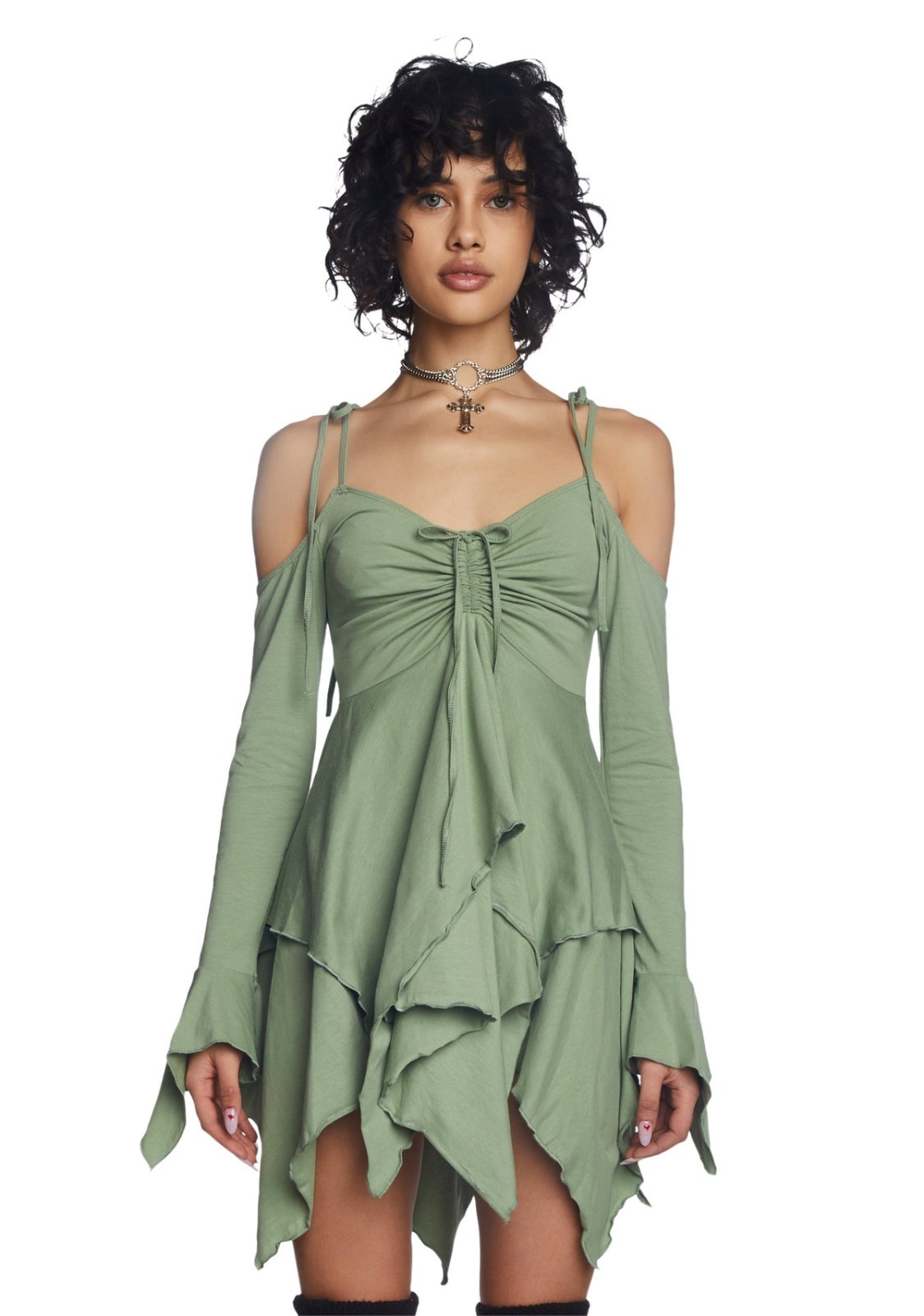 Y2K Green Off Shoulder Fairy Hankerchief Dress- Current Mood Dolls kills- Medium