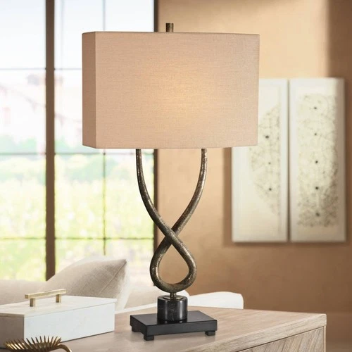 Industrial Table Lamp 31" Tall Aged Silver Leaf Beige Shade for Living Room Home - Picture 1 of 4