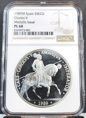 1989 SPAIN SILVER 50 ECU CHARLES V ON HORSEBACK NGC PL 68 PROOF LIKE TOP POP
