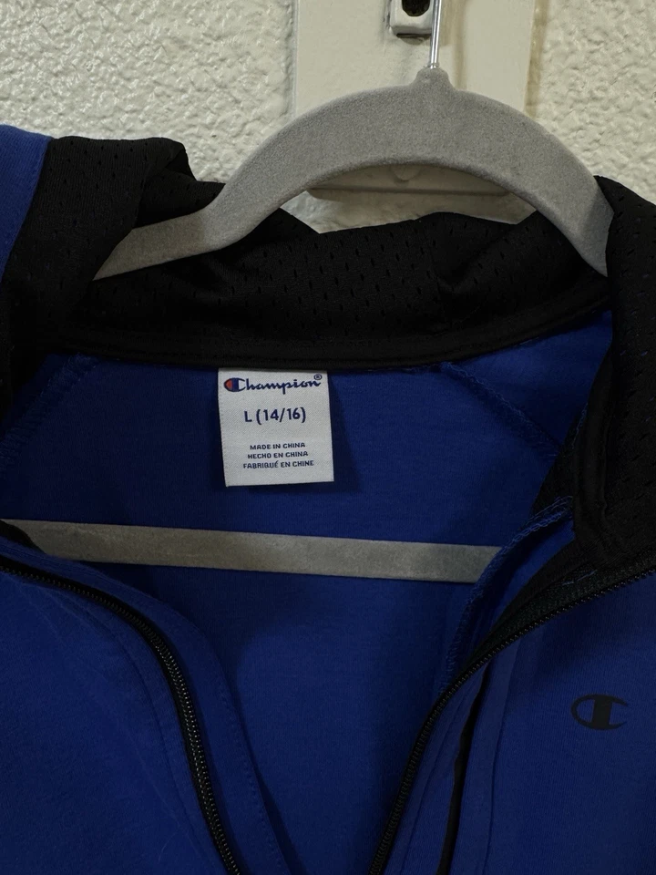 Champion 连帽衫男孩 L 14/16 蓝色全拉链口袋色块 Raglan 标志 — 第 3/4 张图片