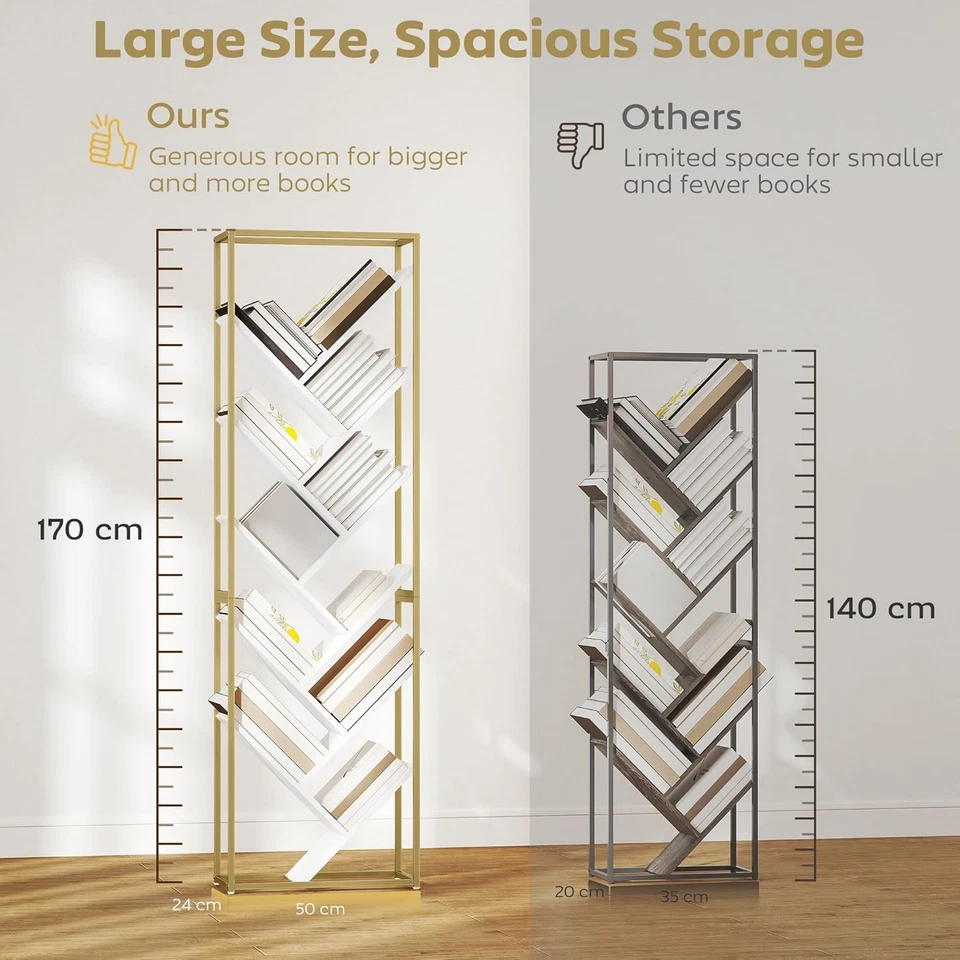 10-Tier Tree Bookshelf Modern White & Gold Tall Display Storage Unit for Home - Image 3 of 4