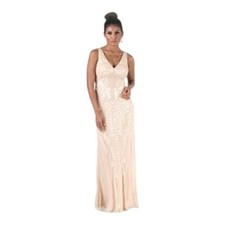 Issue New York Silk Beaded Gown Cream Double V Neck Sleeveless Excellent Size 4