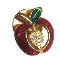 Cored Apple Lapel Hat Pin Gold Tone W/Red Green Enamel Rhinestones Core Teacher